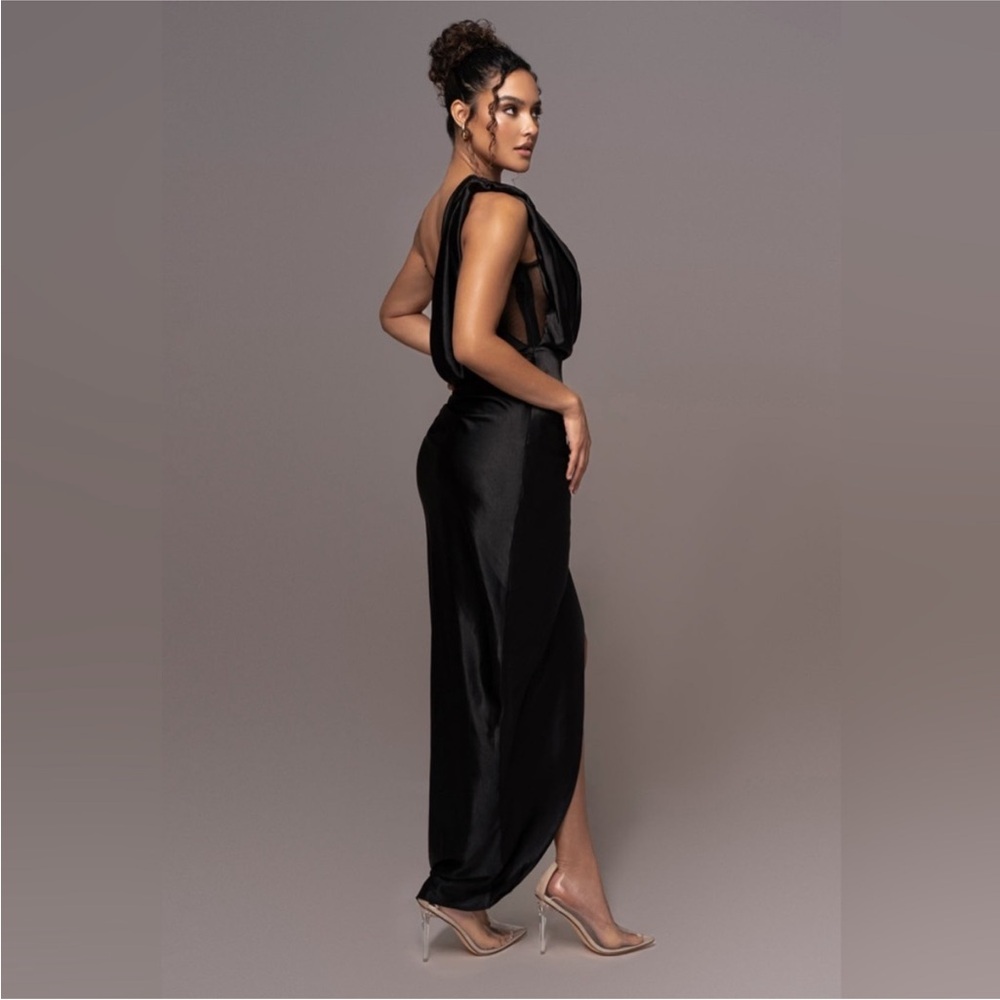 JLUXLABLE Black Anastacia‎ Satin Corset Drapy OneShoulder Front Slit Dress NWT S - Picture 3 of 16